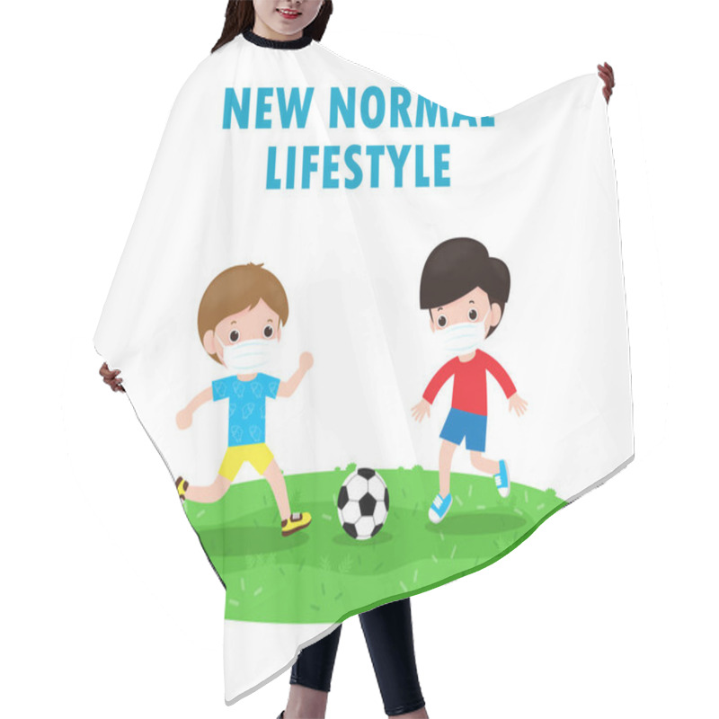 Personality  Two Little Boy Wearing Face Mask Playing Soccer On New Normal Lifestyle Concept.children Playing Football And Wearing Surgical Protect Coronavirus 2019-nCoV Or Covid-19  Health Care Isolated Backgroud Hair Cutting Cape