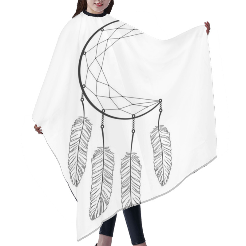 Personality  Hand Drawn Dreamcatcher With Feather. Bohemian Talisman, Boho Ethnic Style, Magic Tribal Symbol. Vector Illustration Isolated On White Background. Hair Cutting Cape