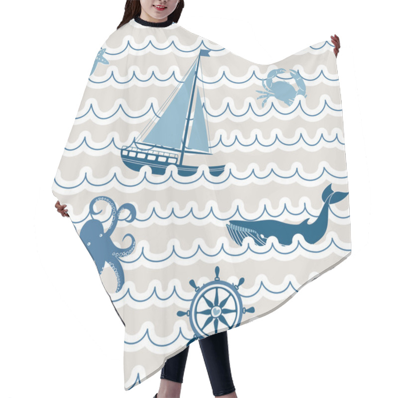 Personality  Seamless Wave Pattern With Nautical Symbols Hair Cutting Cape