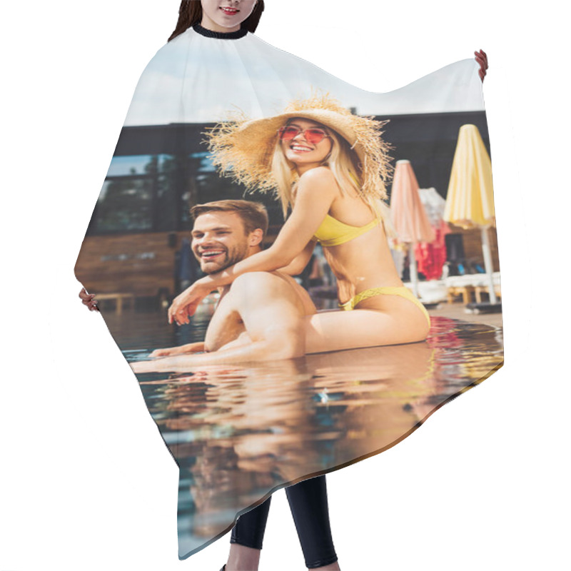 Personality  Sexy Happy Couple Embracing In Swimming Pool In Sunny Day Hair Cutting Cape