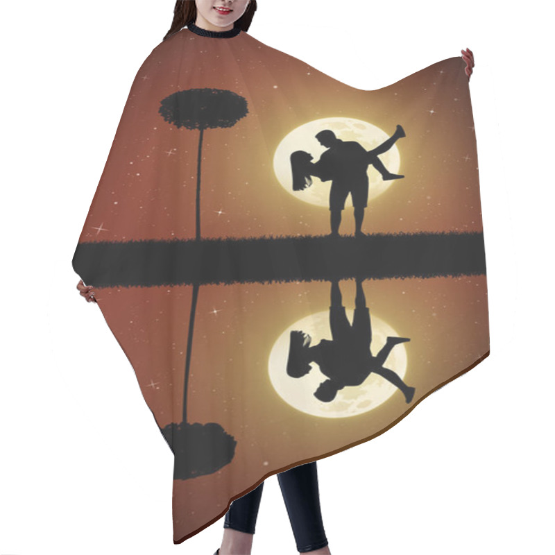 Personality  Guy Carry Girl In Moonlit Night. Vector Illustration With Silhouette Of Happy Lovers And Tree Reflected In Water. Full Moon In Starry Sky Hair Cutting Cape