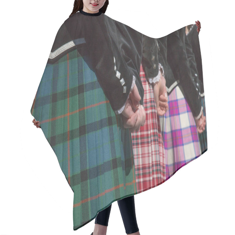 Personality  Group Young Females Traditional Scottish Skirs Street Closeup Hair Cutting Cape