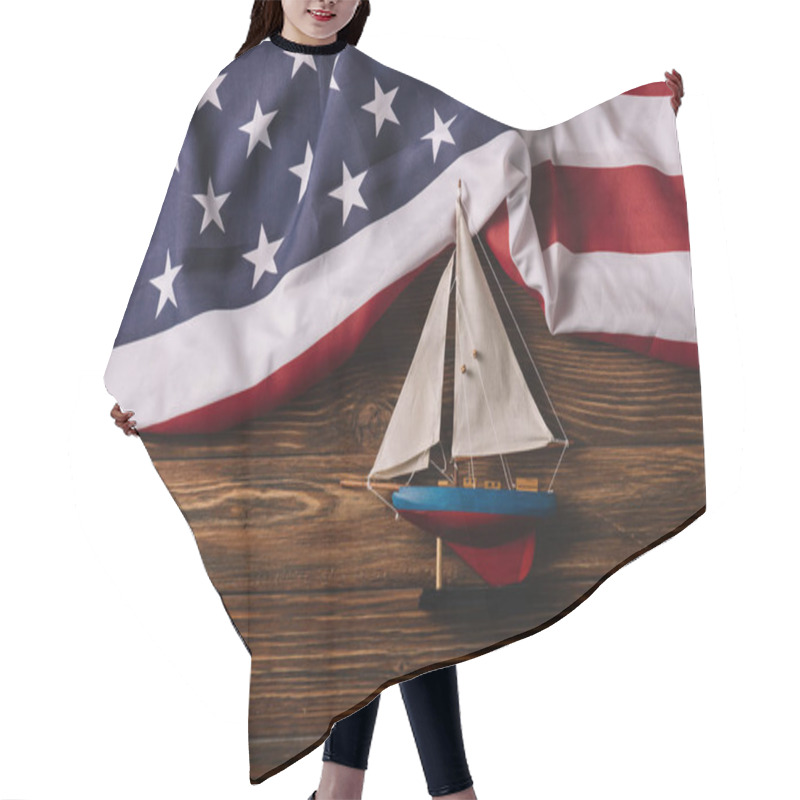 Personality  Top View Of Leather Crafted Ship On Wooden Surface With American National Flag Hair Cutting Cape