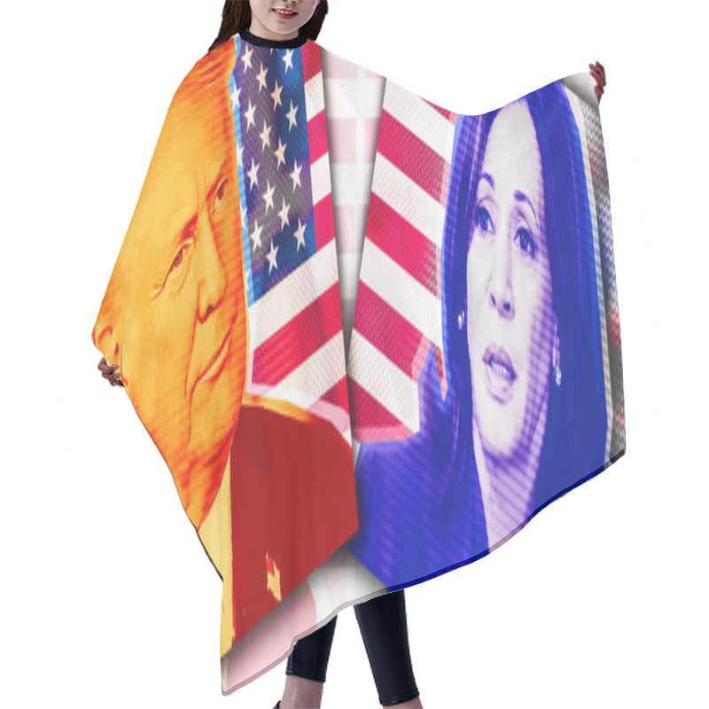 Personality  Photo Collage With Halftone Effect. Photo Illustration Portrait Of Donald Trump And Kamala Harris Against The Background Of The American Flag. Hair Cutting Cape