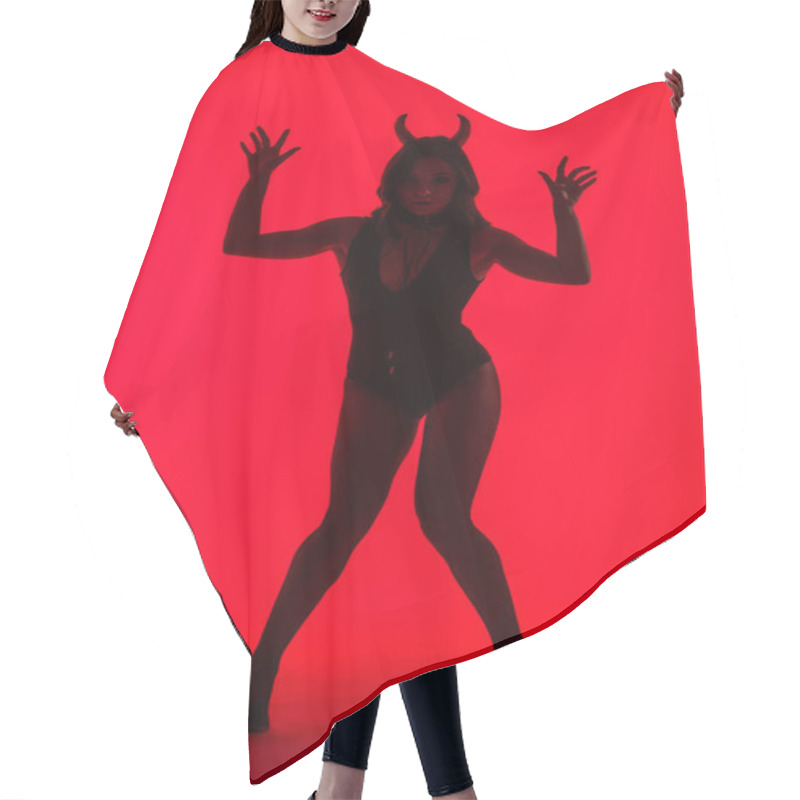 Personality  Silhouette Of Beautiful Young Woman In Devil Costume, Isolated On Red Hair Cutting Cape