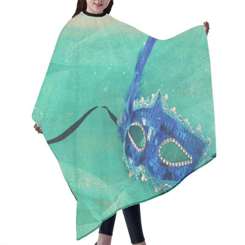 Personality  Photo Of Elegant And Delicate Blue Venetian Mask Over Mint Chiffon Background Hair Cutting Cape