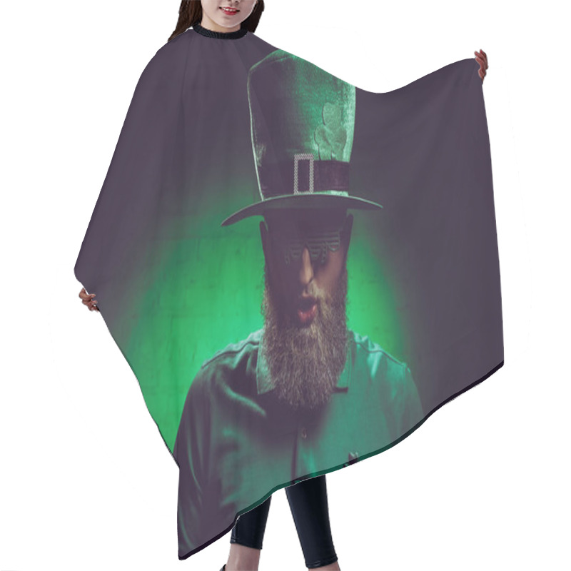 Personality  Portrait Of Bearded Young Man In Green Irish Hat And Funny Eyeglasses Hair Cutting Cape