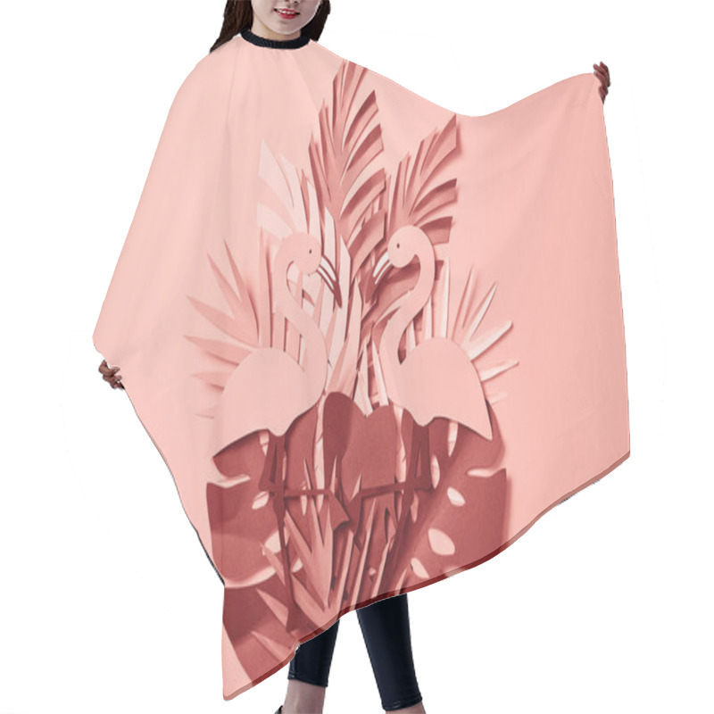 Personality  Top View Of Pink Exotic Paper Cut Palm Leaves And Flamingos On Pink Background Hair Cutting Cape