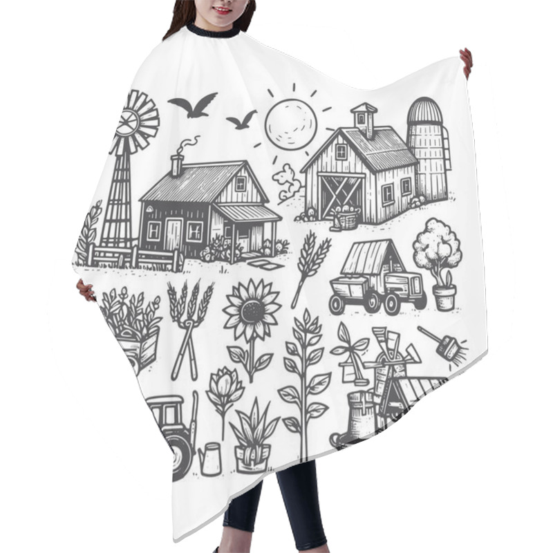 Personality  Hand Drawn Farm Elements Illustrations Hair Cutting Cape