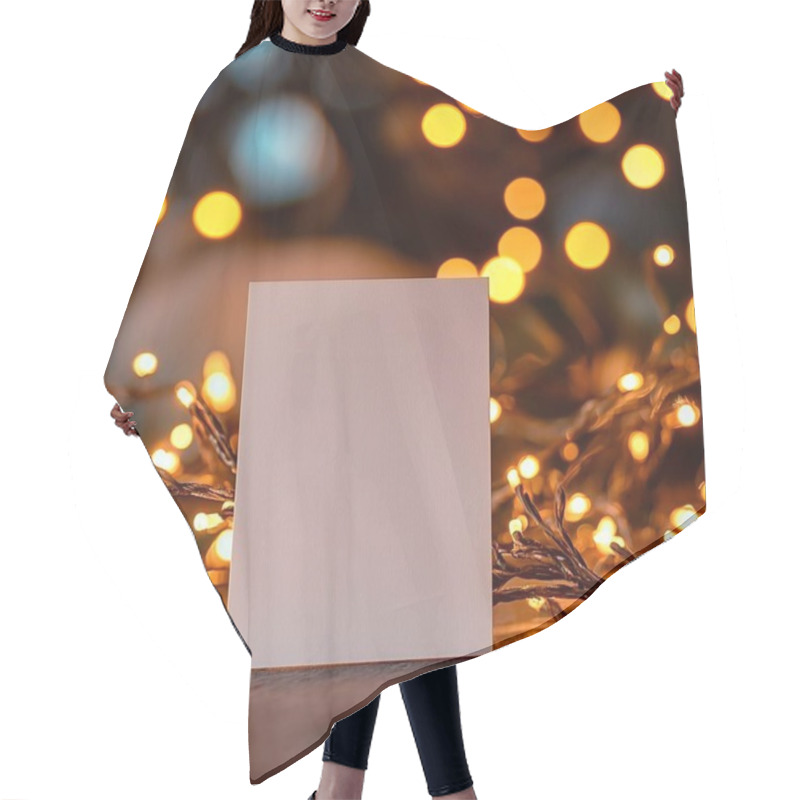 Personality  Blank Card With Glowing Fairy Lights In A Cozy Setting. Hair Cutting Cape