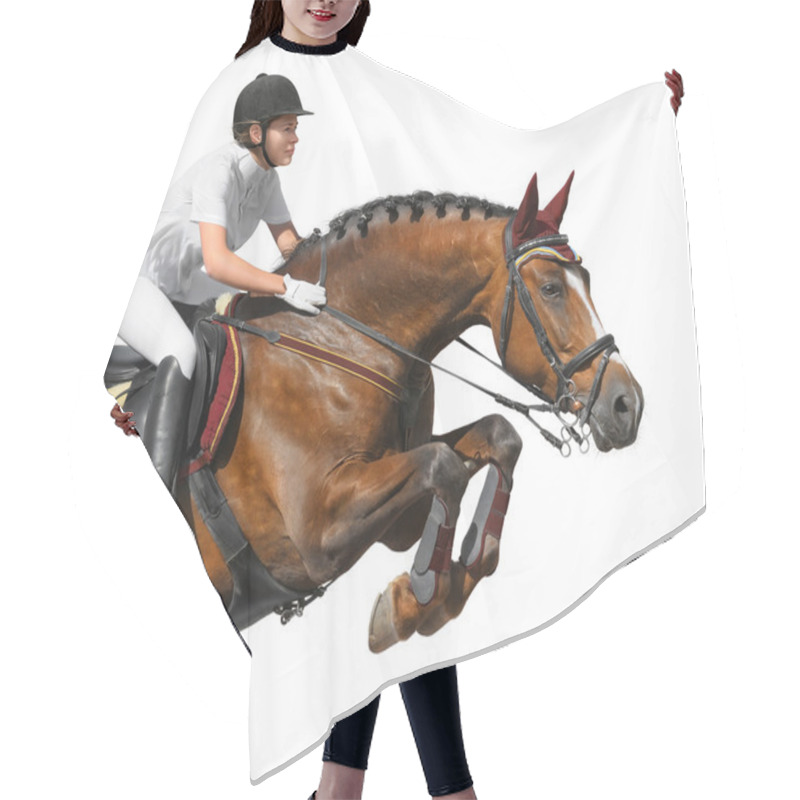 Personality  Young Girl Jumping With Bay Horse Hair Cutting Cape