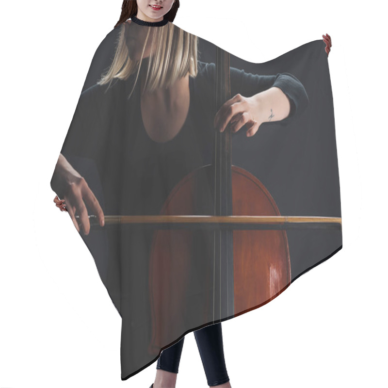 Personality  Cropped View Of Young Woman Playing Double Bass In Darkness Isolated On Black Hair Cutting Cape