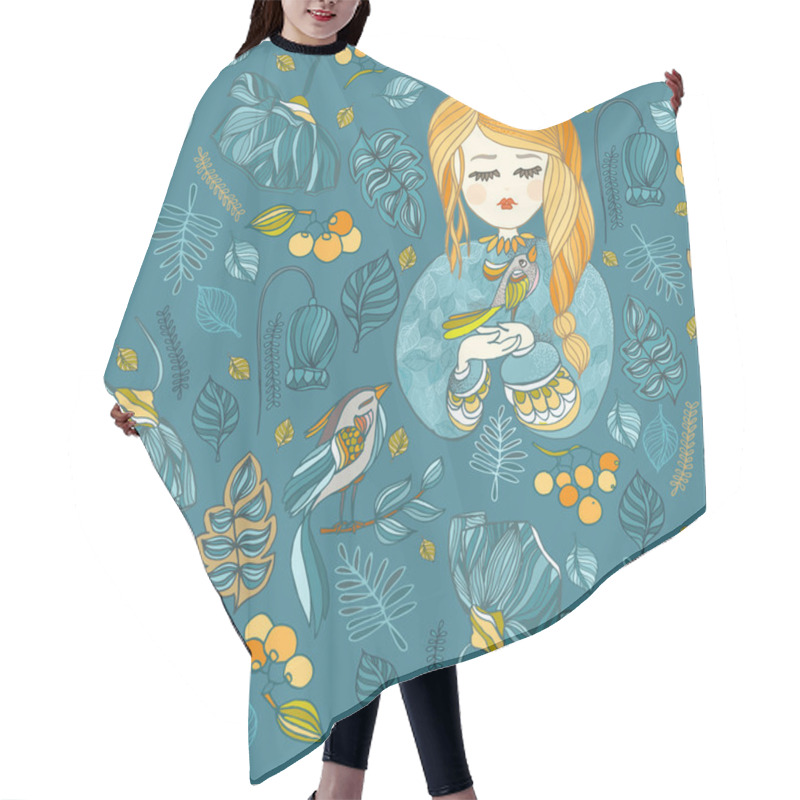 Personality  Fabric Pattern With Young Girl And Bird.Blue And Yellow Floral P Hair Cutting Cape