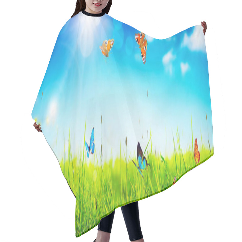 Personality  Flying Butterfly In Spring Morning. Panoramic View. Hair Cutting Cape