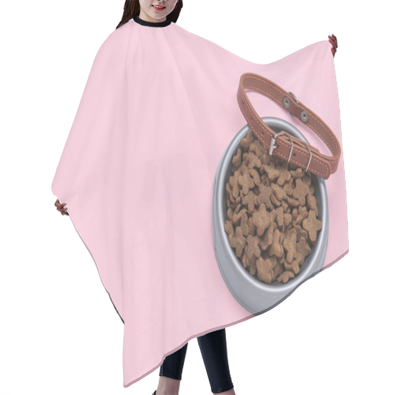 Personality  Bowl Of Dry Pet Food And Collar On Pink Background Hair Cutting Cape