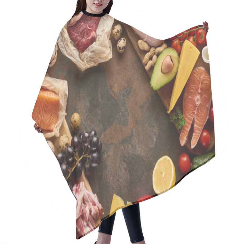 Personality  Top View Of Wooden Cutting Board With Raw Fish, Meat, Poultry, Cheese, Fruits, Vegetables, Olive Oil, Eggs, Baguette And Peanuts On Dark Brown Marble Surface With Copy Space Hair Cutting Cape