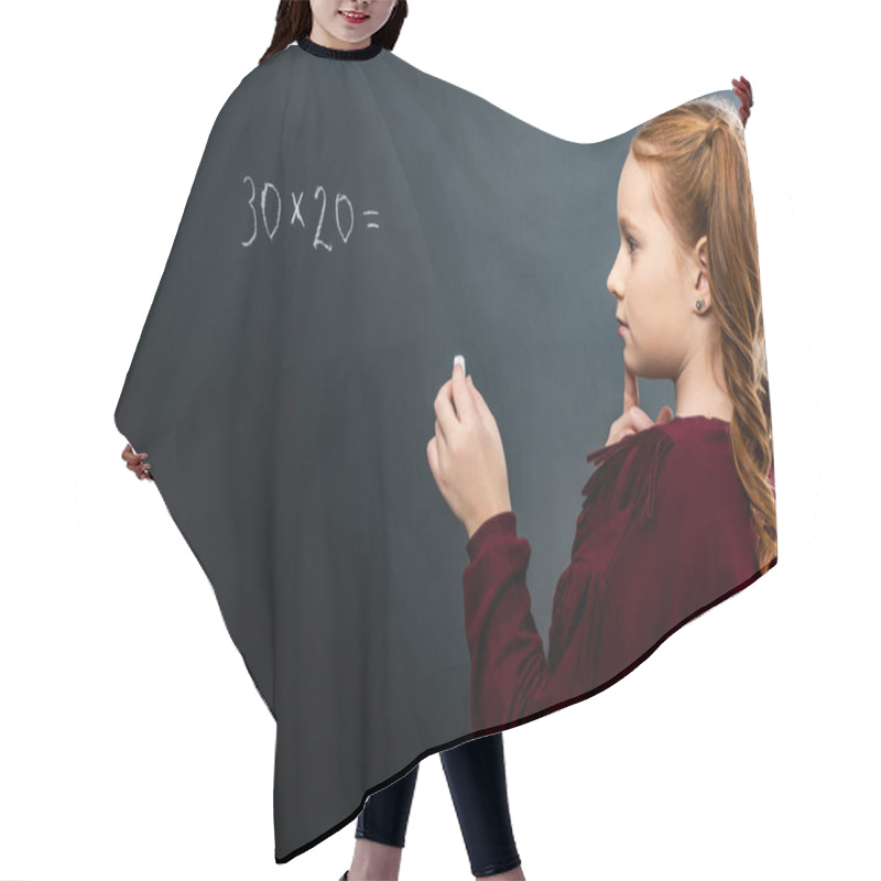 Personality  Thoughtful Schoolgirl Holding Chalk And Looking At Blackboard With Math Example Hair Cutting Cape