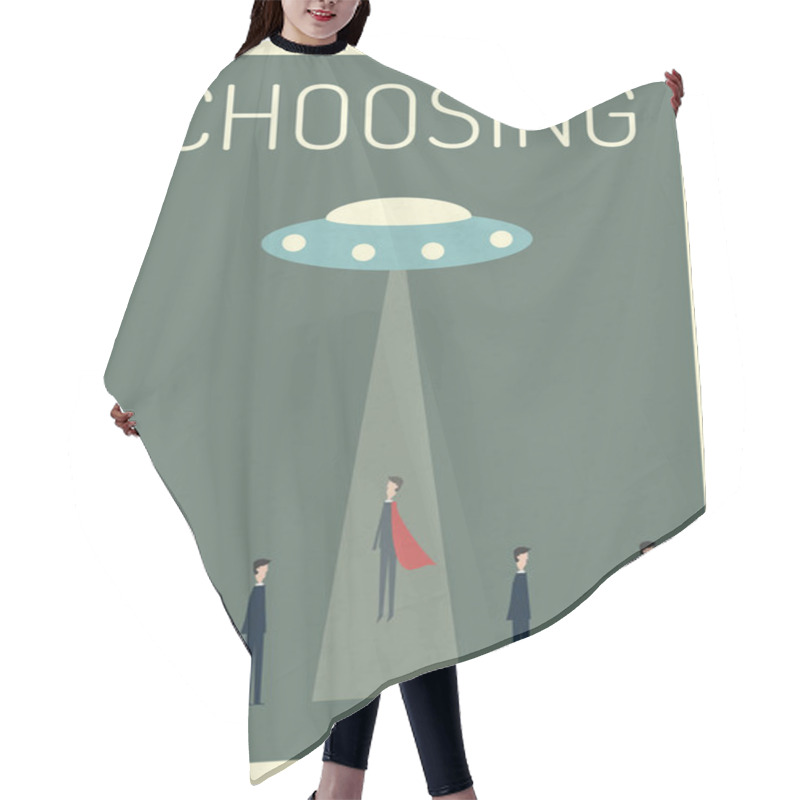 Personality  Super Businessman Choosing By UFO .Symbol Of Stealing , Abducted ,choosing, Leadership,Successful Vision And Idea Concept .Eps10 Vector Illustration. Minimalist Retro Poster Hair Cutting Cape