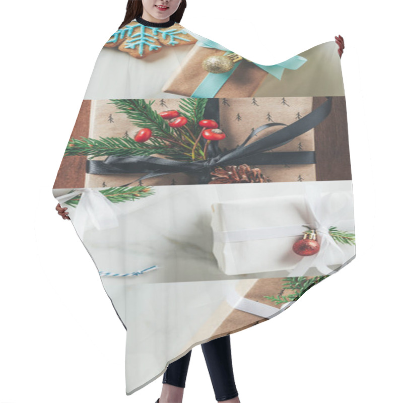 Personality  Collage Of Christmas Decorated Gifts On Wooden And Marble Background Hair Cutting Cape