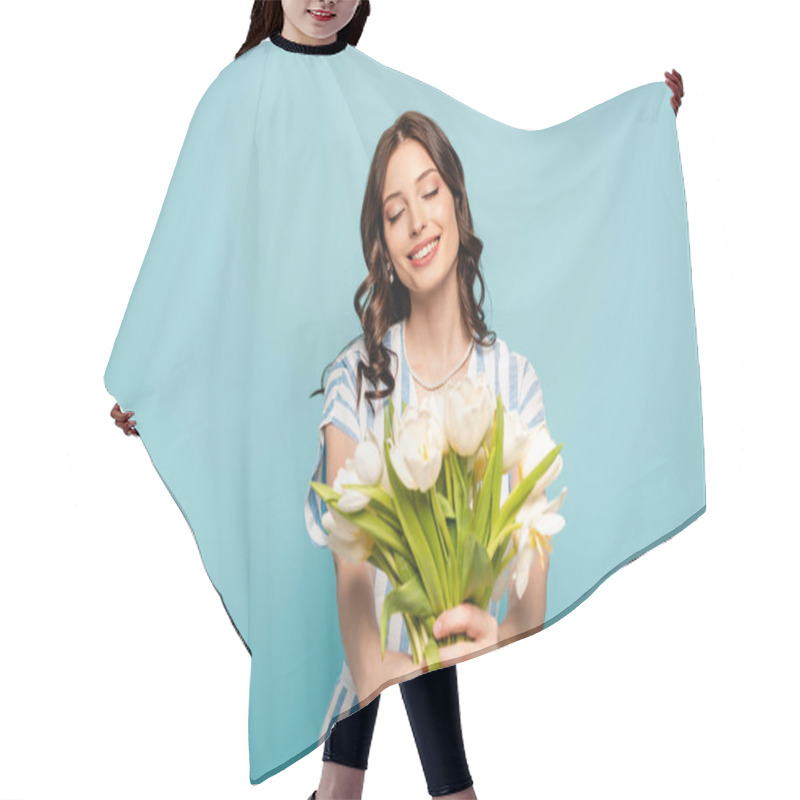 Personality  Happy Young Woman Holding Bouquet Of White Tulips With Closed Eyes Isolated On Blue Hair Cutting Cape