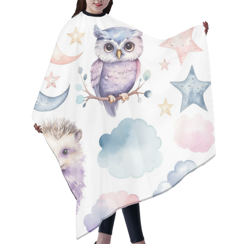 Personality  Watercolor Hedgehog And Owl Set. Vector Clip Art Image With Hand Drawn Nursery Elements, Wall Stickers. Hair Cutting Cape