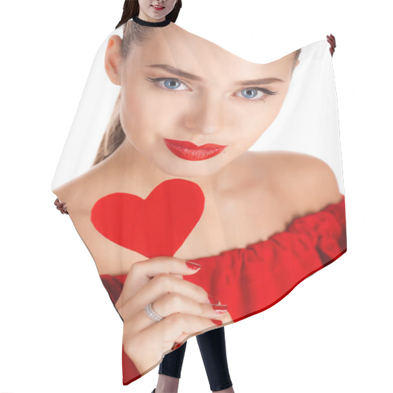 Personality  Portrait Of A Beautiful Girl With A Red Heart In His Hand Hair Cutting Cape