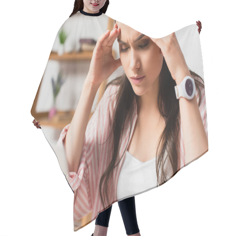 Personality  Selective Focus Of Stressed Woman With Closed Eyes Touching Head At Home  Hair Cutting Cape