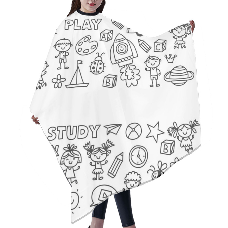 Personality  Kindergarten Nursery Preschool School Education With Children Doodle Pattern Kids Play And Study Boys And Girls Kids Drawing Icons Space, Adventure, Exploration, Imagination Concept Hair Cutting Cape