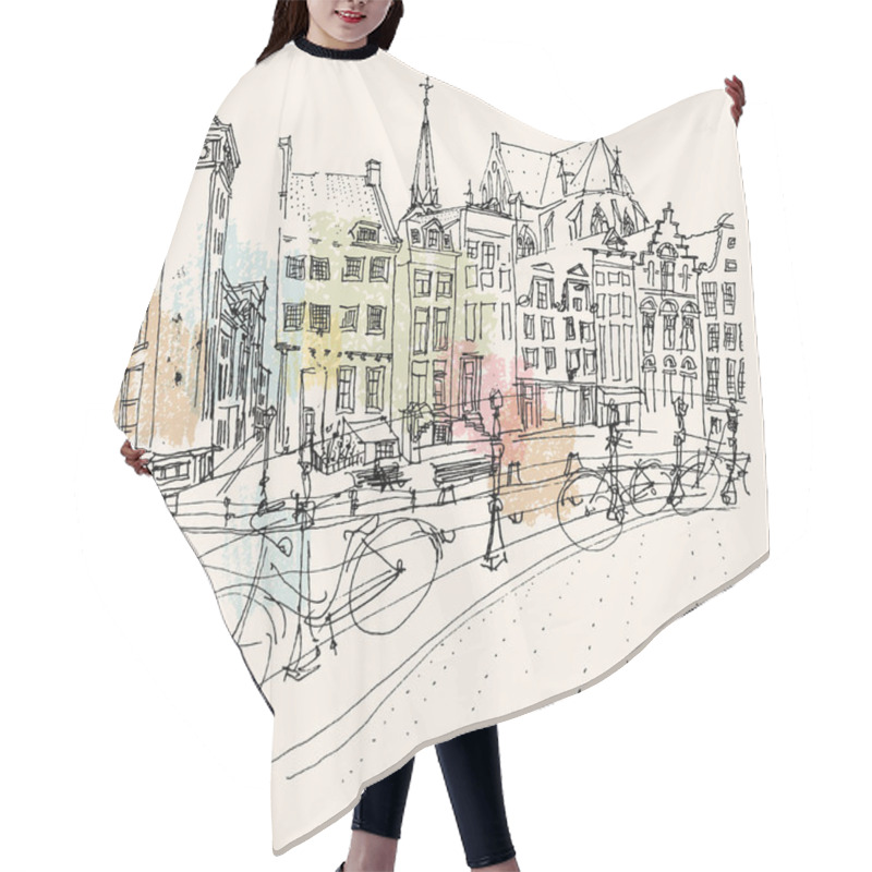 Personality  Bridge In Amsterdam, Holland, Netherlands Europe. Dutch Traditional Historical Buildings. Typical Dutch Houses And Bicycles. Hand Drawing. Travel Sketch. Book Illustration, Postcard, Poster In Vector Hair Cutting Cape