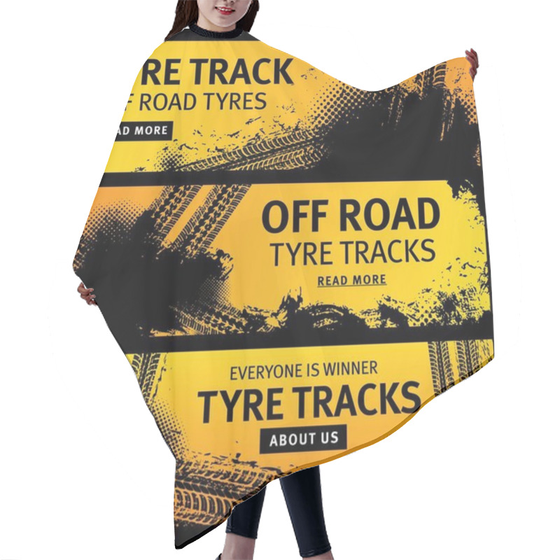 Personality  Off Road Tyre Tracks Vector Black Grunge Tire Prints For Automobile Service. Rally, Motocross Dirty Tires Pattern, Offroad Grungy Textured Trails And Typography. Vehicle Skid Design Banners Set Hair Cutting Cape