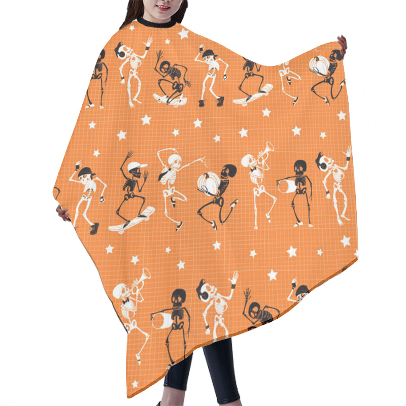 Personality  Vector Orange, Black Dancing And Skateboarding Skeletons Haloween Mesh Fabric Repeat Pattern Background. Great For Spooky Fun Party Themed Fabric, Gifts, Giftwrap. Hair Cutting Cape