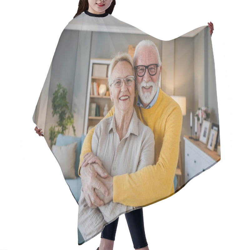 Personality  Portrait Of Senior Husband And Wife Happy Caucasian Man And Woman Old Couple At Home Hair Cutting Cape