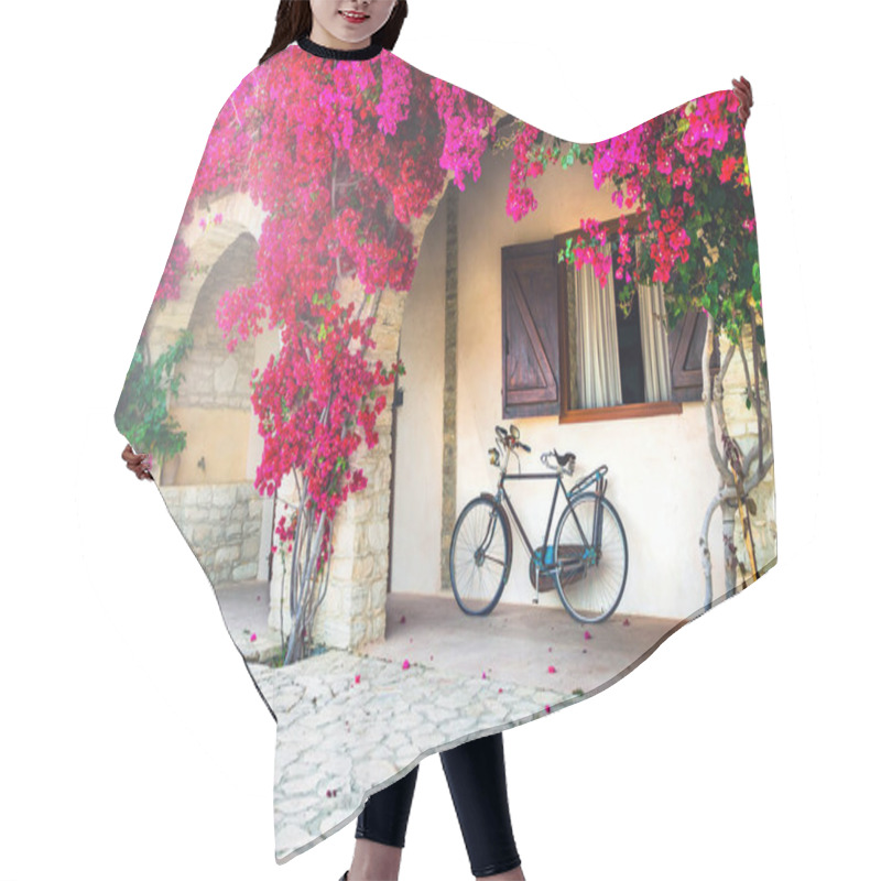 Personality  Blooming Purple Tree And Old Bike - Ideas For Garden Decoration Hair Cutting Cape