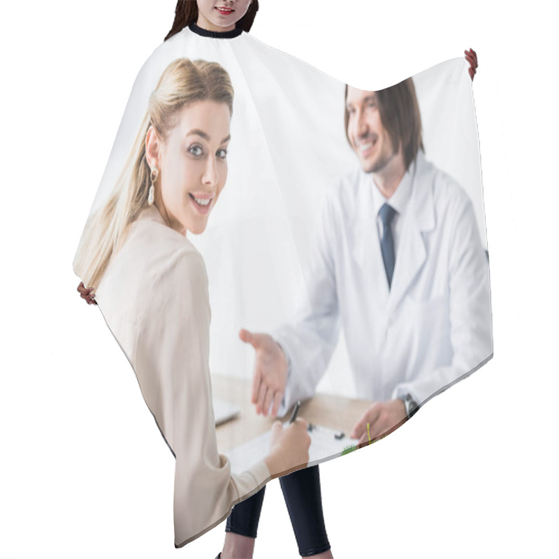 Personality  Happy Patient Visiting Doctor, Looking At Camera And Signing Document Hair Cutting Cape