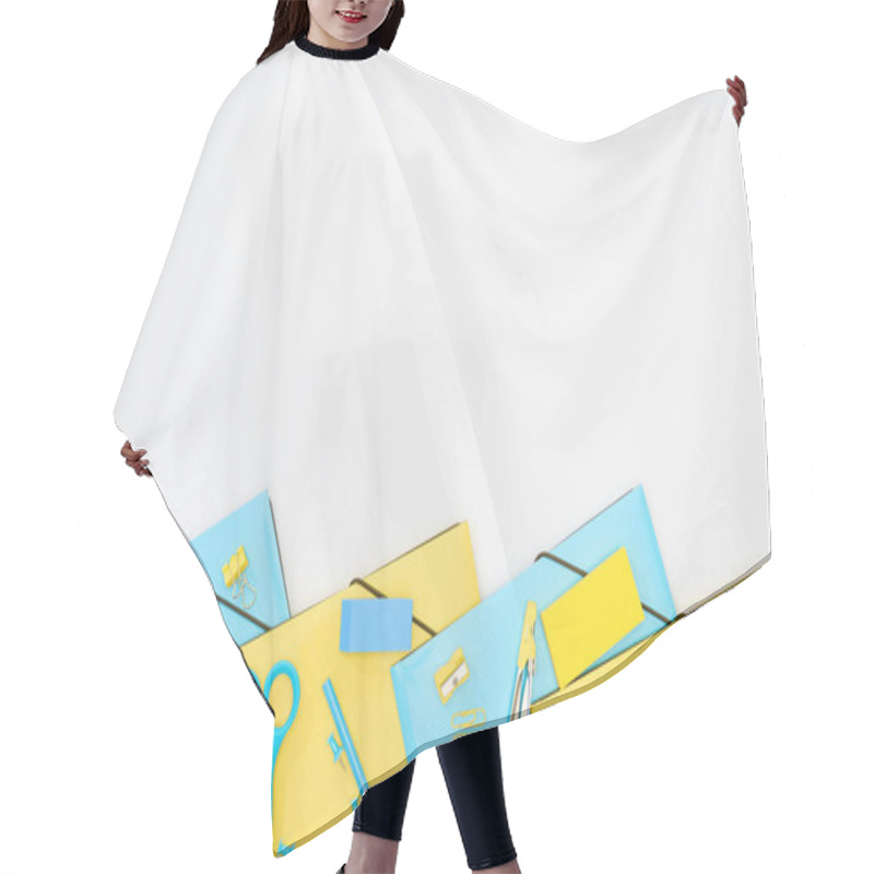 Personality  Top View Of Blue And Yellow Stationery Isolated On White Hair Cutting Cape