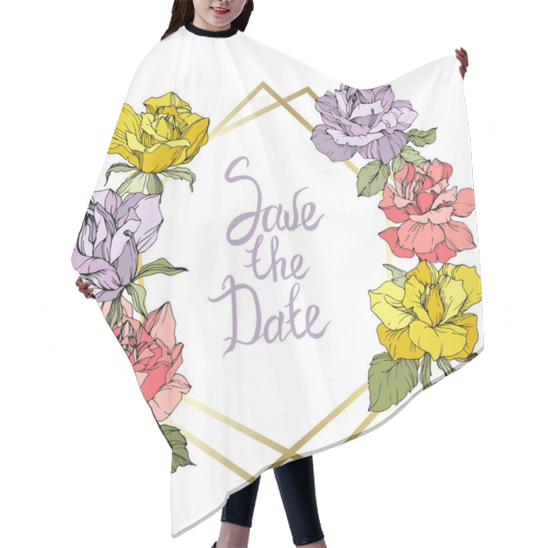 Personality  Vector. Rose Flowers And Golden Crystal Frame. Yellow, Purple And Pink Roses Engraved Ink Art. Geometric Crystal Polygon Shape On White Background. Save The Date Handwriting Monogram Calligraphy. Hair Cutting Cape