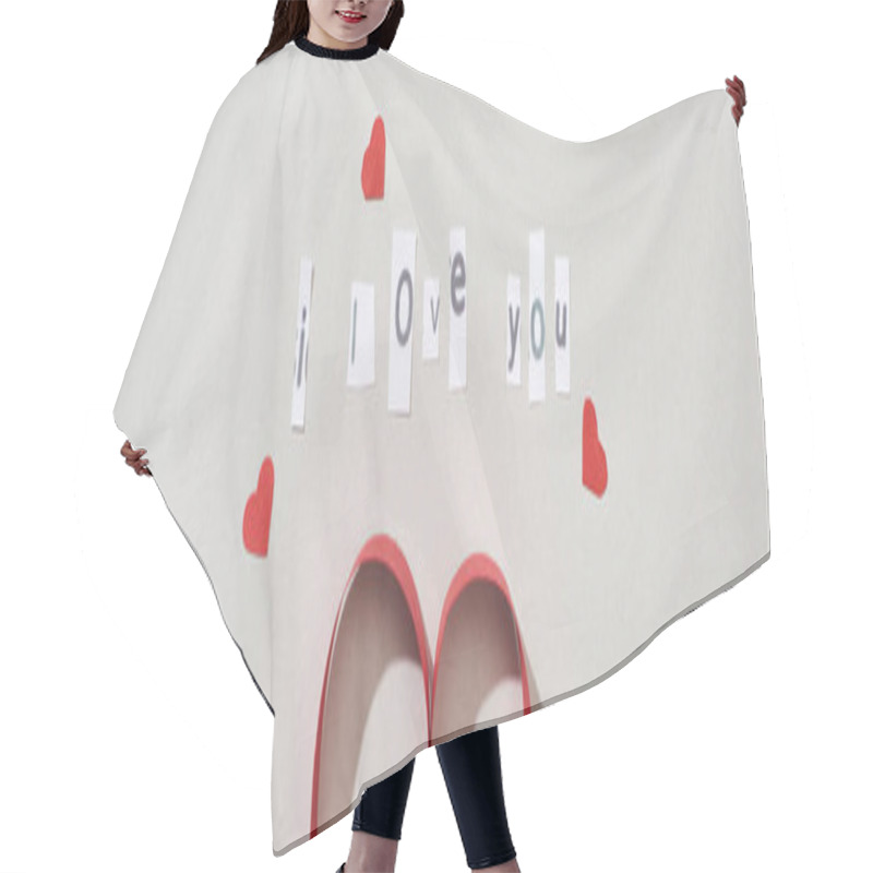 Personality  Top View Of I Love You Lettering With Paper Hearts On Grey Background, Panoramic Shot Hair Cutting Cape