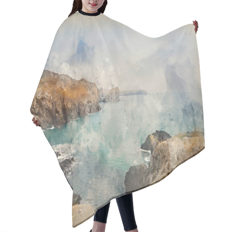 Personality  Digital Watercolour Painting Of Kynance Cove High Tide Sunset Hair Cutting Cape