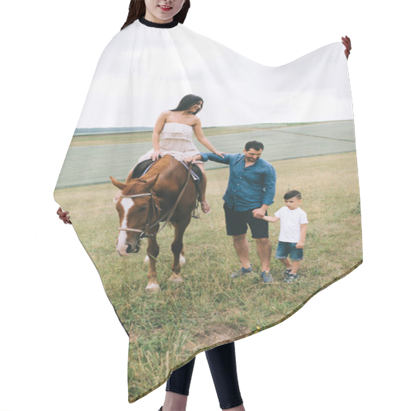 Personality  Mother Riding Brown Horse, Father And Son Standing On Field Hair Cutting Cape