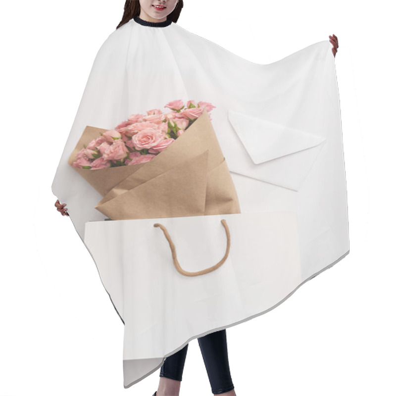 Personality  Bouquet Of Beautiful Pink Roses And White Envelope In Paper Bag On Grey Hair Cutting Cape