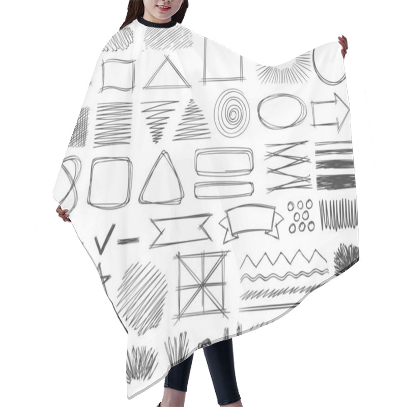 Personality  Sketch Shapes. Monochrome Scribble Symbols, Drawing Pencil Frame, Stroke And Shade, Hatched Shaded Badge Round And Square Shape Vector Set Hair Cutting Cape