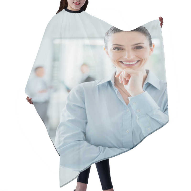 Personality  Confident Businesswoman In The Office Posing Hair Cutting Cape