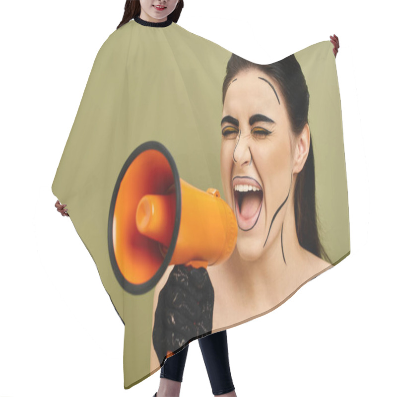 Personality  Brunette Woman With Pop Art Makeup Holds Megaphone In Black Gloves. Bold Colors, Fake Face, Powerful Message. Hair Cutting Cape