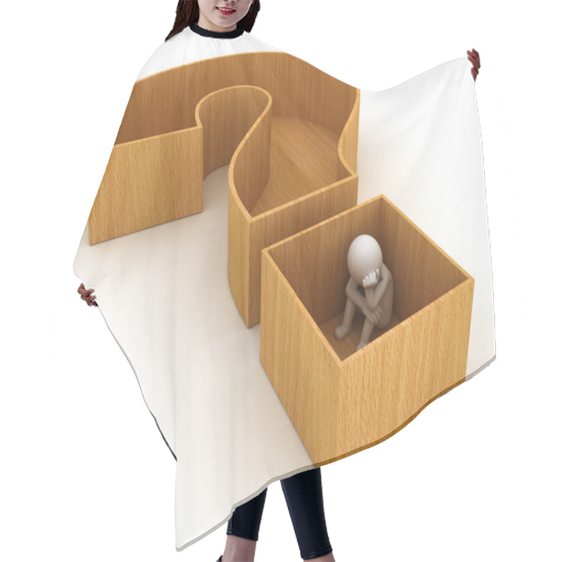 Personality  3d Man Sitting In Question Mark Crate On White Hair Cutting Cape