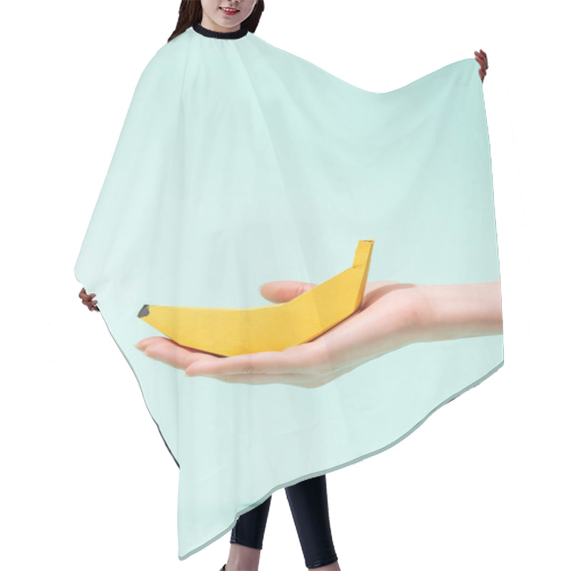 Personality  Cropped View Of Young Woman Holding Paper Banana On Turquoise With Copy Space Hair Cutting Cape