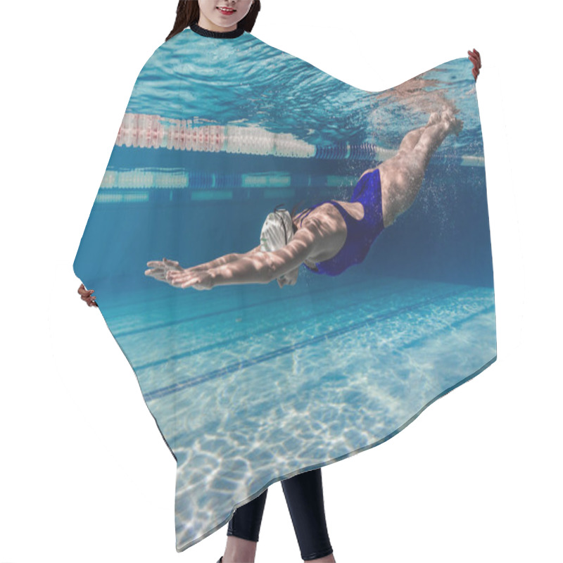 Personality  Underwater Picture Of Female Swimmer In Swimming Suit And Goggles Training In Swimming Pool Hair Cutting Cape