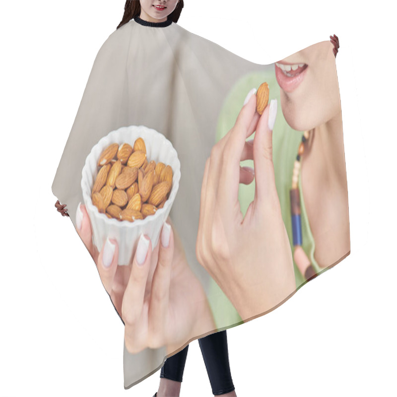 Personality  Partial View Of Young Woman With White Ceramic Bowl Of Almonds, Delicious Vegetarian Diet Concept Hair Cutting Cape