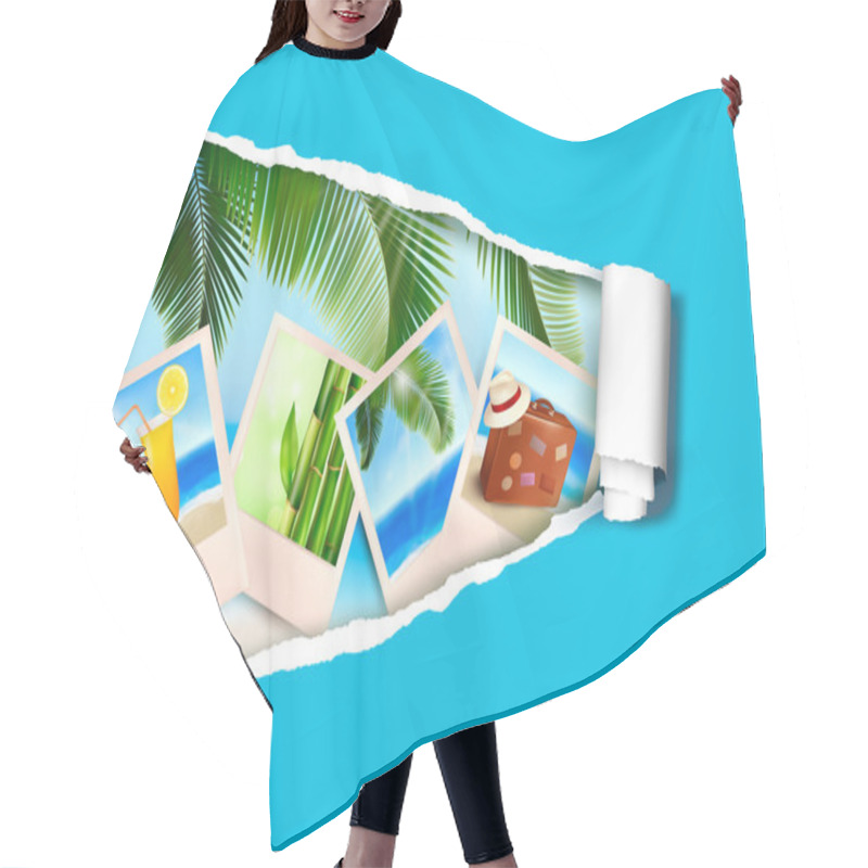 Personality  Background With Photos From Holidays On A Seaside. Summer Holidays Concept. Vector Hair Cutting Cape