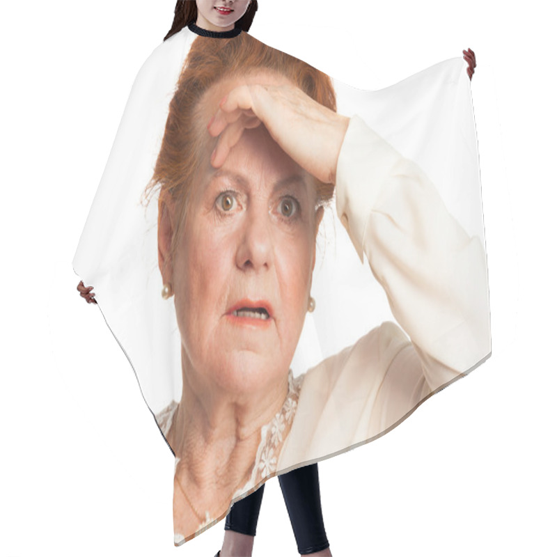 Personality  Confused Senior Woman Hair Cutting Cape