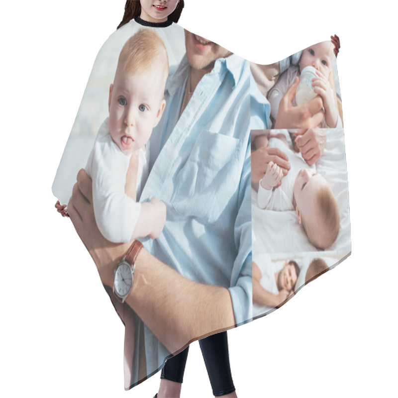 Personality  Collage Of Young Father Holding Little Son, Feeding Him From Baby Bottle And Lying In Bed Together Hair Cutting Cape